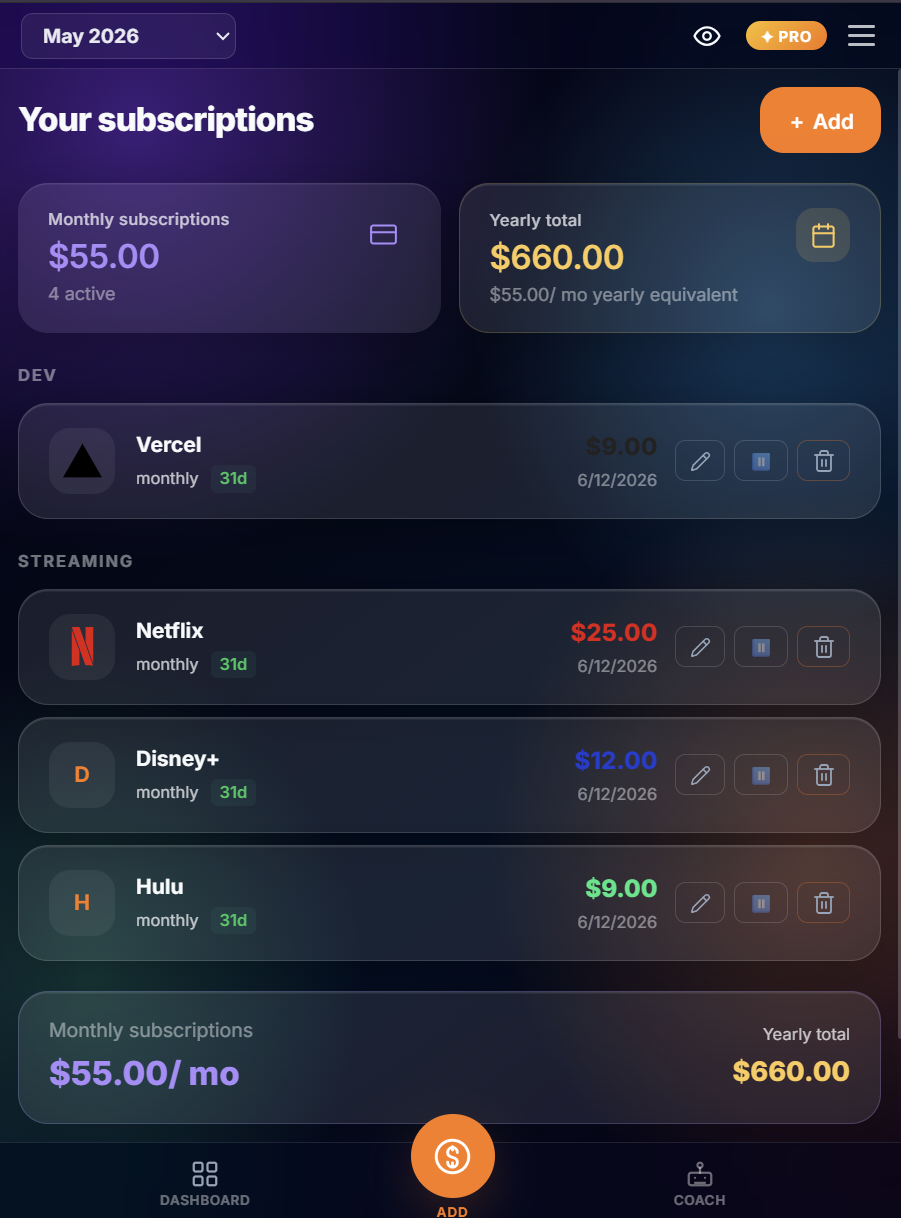 Unlimitly subscriptions screen